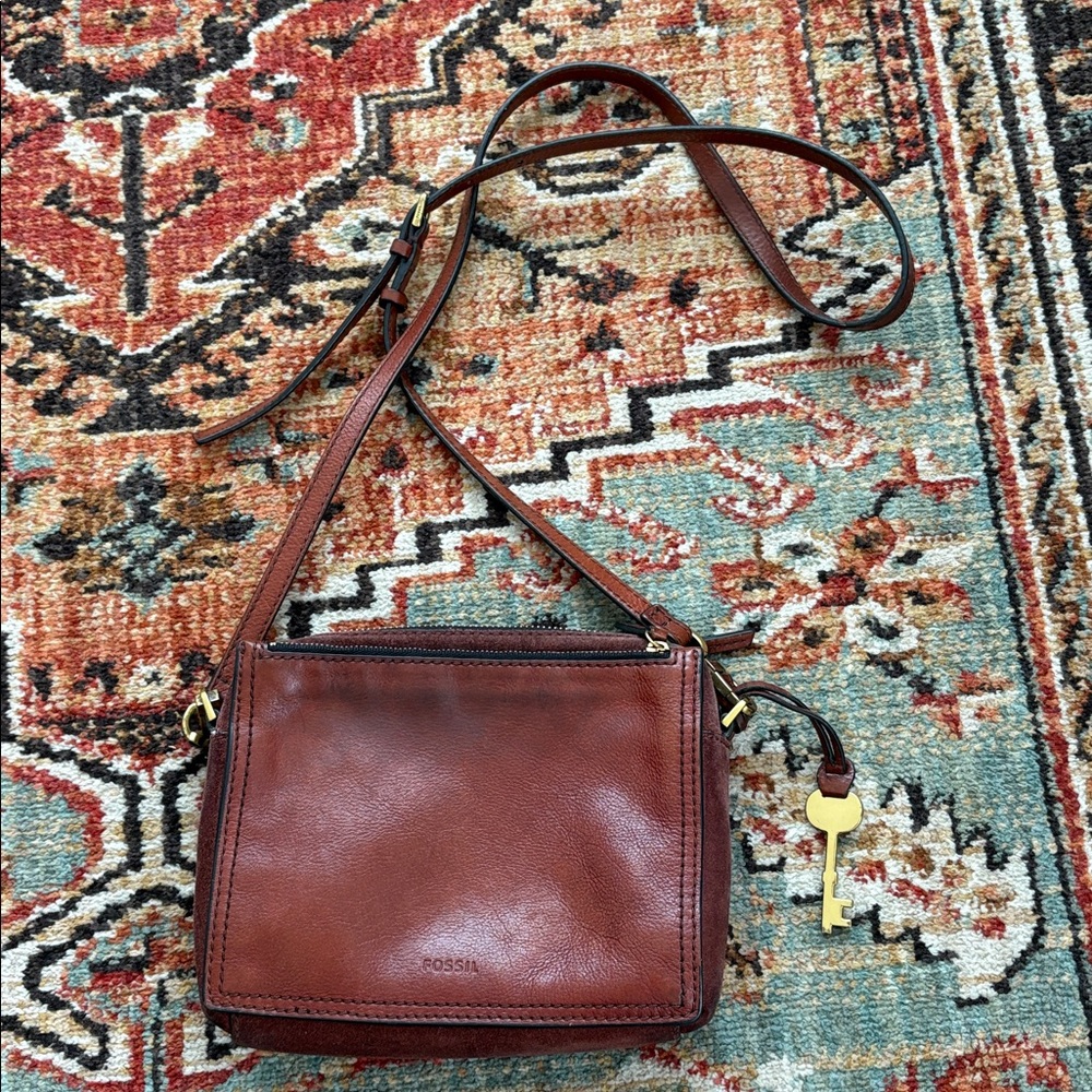 Fossil Campbell Brown Leather Crossbody Bag Gold Hardware